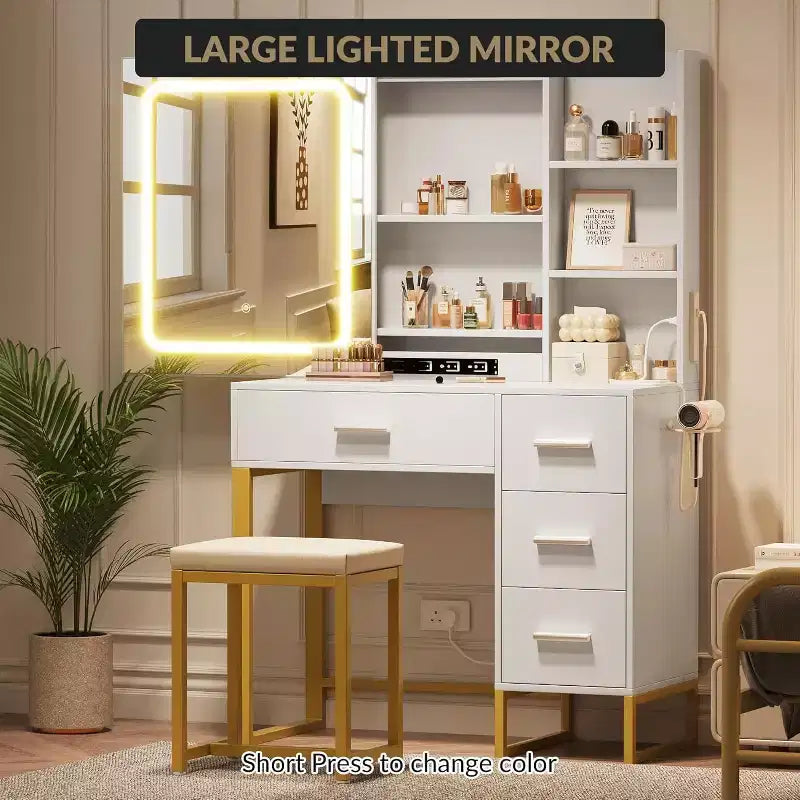 Toeletta con Specchio Scorrevole, Luci LED, 4 Cassetti e Sgabello – Tavolo Trucco con Illuminazione Regolabile