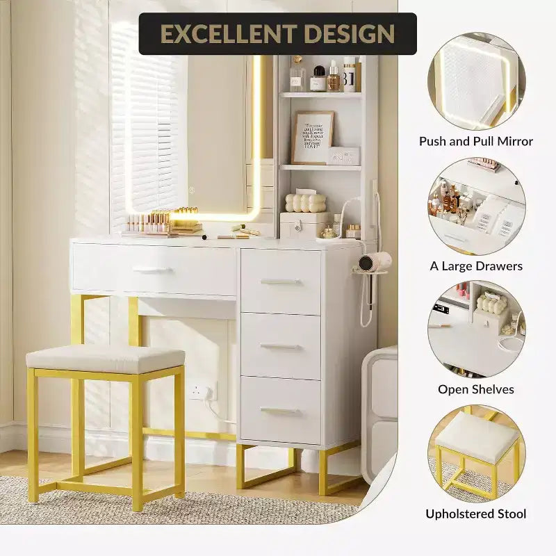 Toeletta con Specchio Scorrevole, Luci LED, 4 Cassetti e Sgabello – Tavolo Trucco con Illuminazione Regolabile
