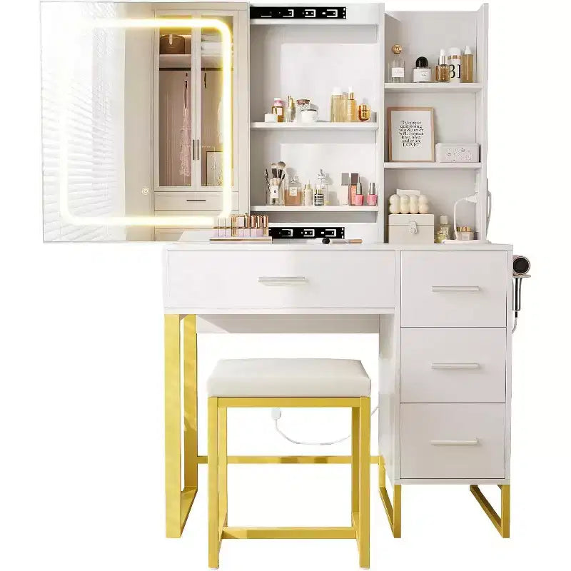 Toeletta con Specchio Scorrevole, Luci LED, 4 Cassetti e Sgabello – Tavolo Trucco con Illuminazione Regolabile