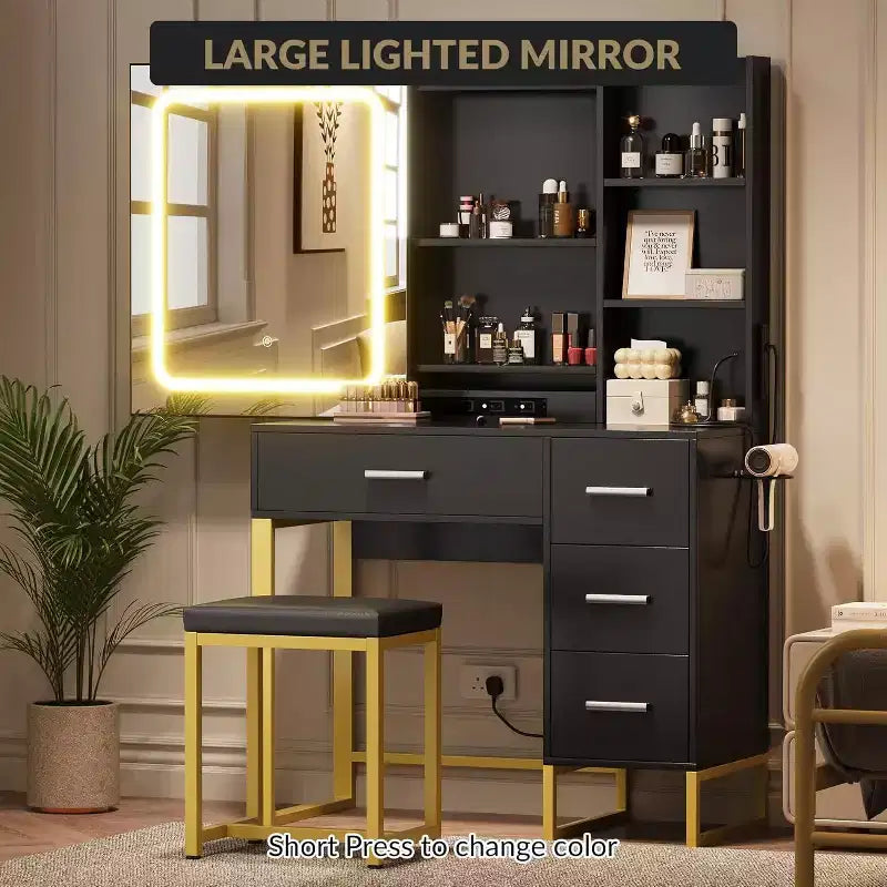 Toeletta con Specchio Scorrevole, Luci LED, 4 Cassetti e Sgabello – Tavolo Trucco con Illuminazione Regolabile