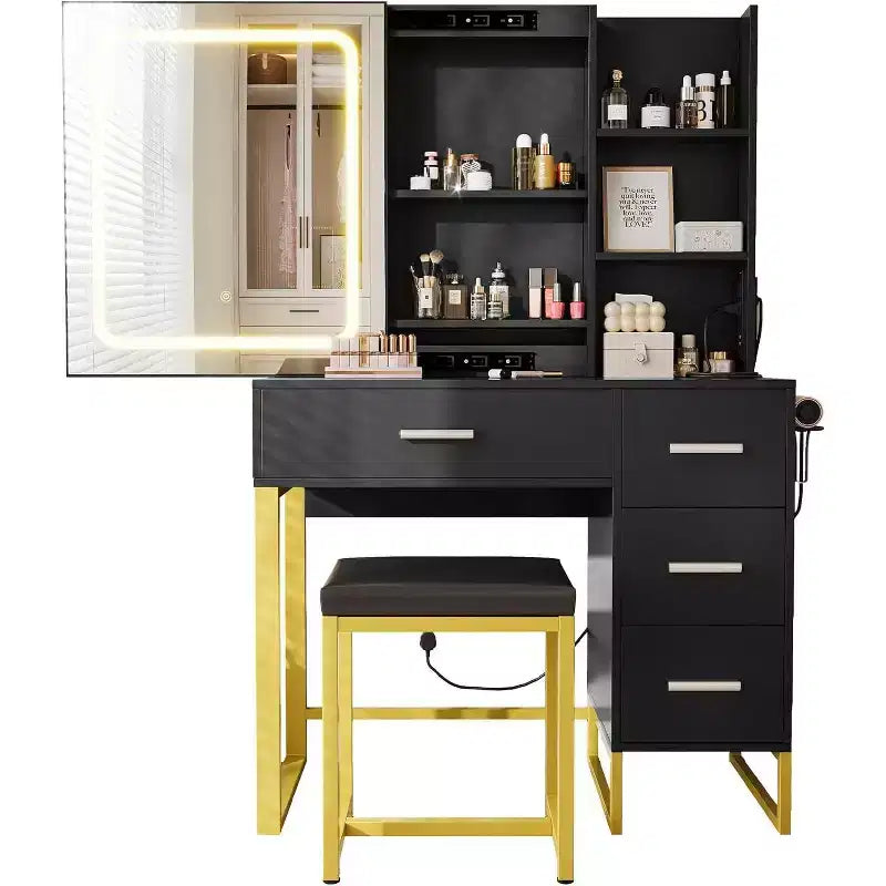 Toeletta con Specchio Scorrevole, Luci LED, 4 Cassetti e Sgabello – Tavolo Trucco con Illuminazione Regolabile