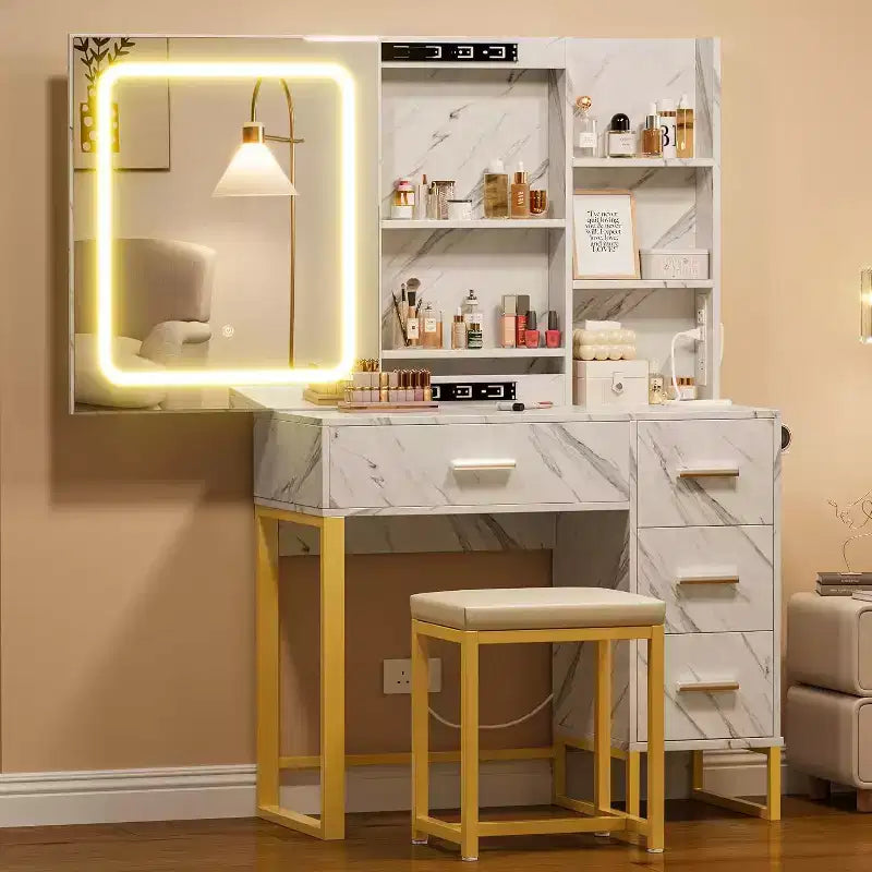 Toeletta con Specchio Scorrevole, Luci LED, 4 Cassetti e Sgabello – Tavolo Trucco con Illuminazione Regolabile