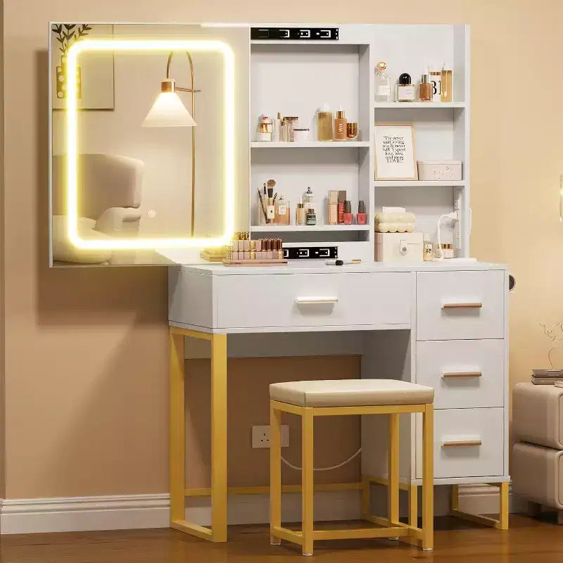 Toeletta con Specchio Scorrevole, Luci LED, 4 Cassetti e Sgabello – Tavolo Trucco con Illuminazione Regolabile