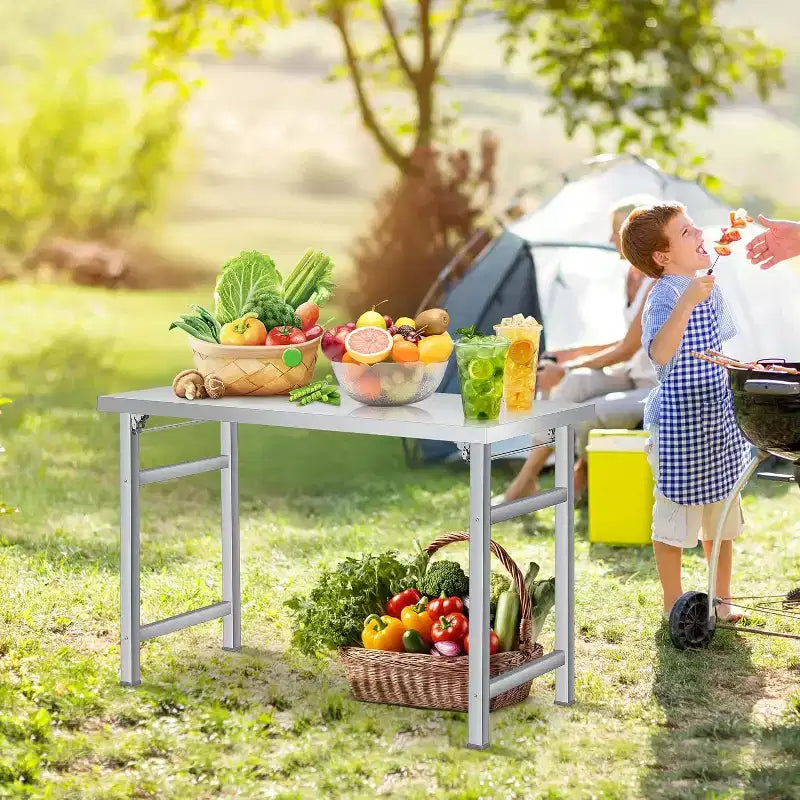 Tavolo Pieghevole in Acciaio Inossidabile - Banco da Lavoro Commerciale Pieghevole da 236 kg con Base e Gambe Regolabili per Cucina Domestica Ristorante Garage Magazzino