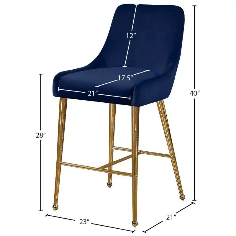 Sgabello da bancone rivestito in velluto blu navy con gambe dorate, set da 2