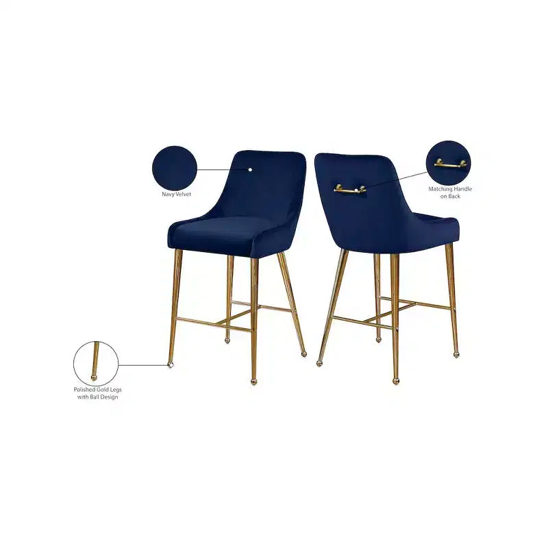 Sgabello da bancone rivestito in velluto blu navy con gambe dorate, set da 2