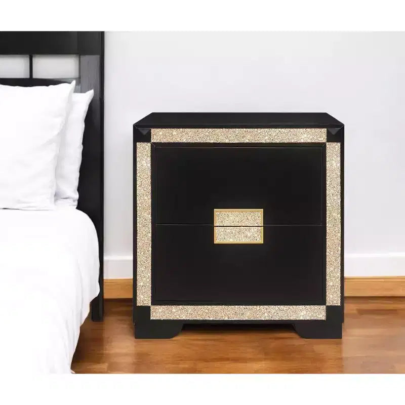 Comodino in legno nero e oro con 2 cassetti in finto cristallo, 66 cm H — Stile Glam Art Déco
