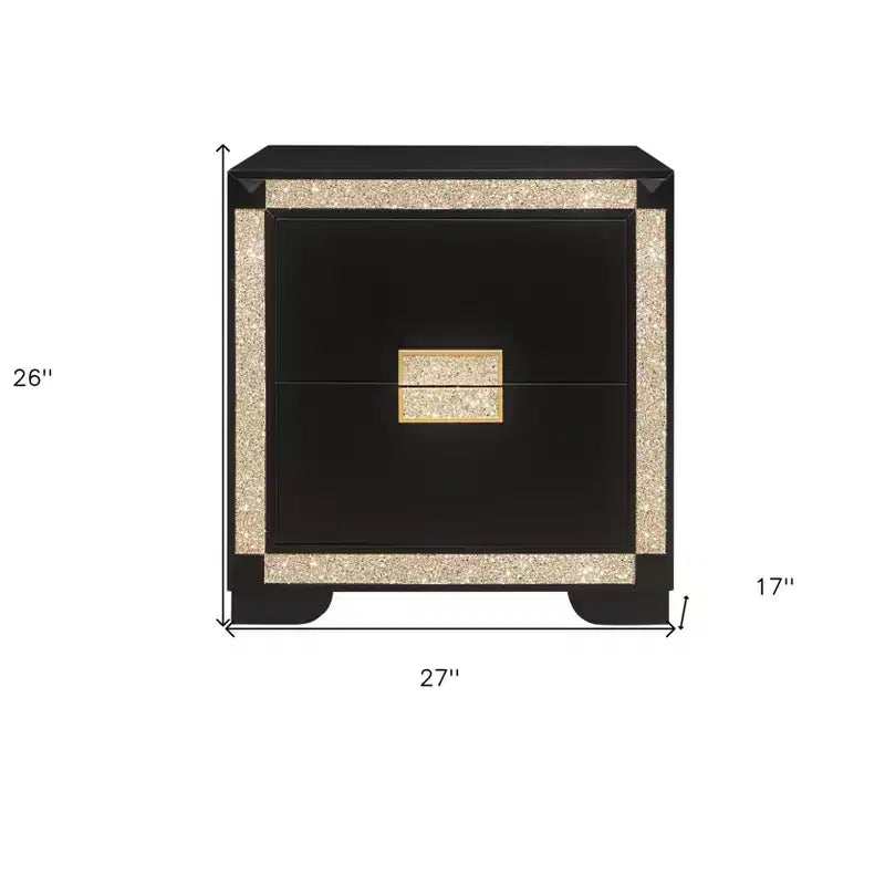 Comodino in legno nero e oro con 2 cassetti in finto cristallo, 66 cm H — Stile Glam Art Déco