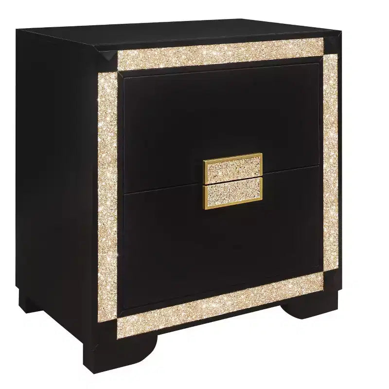 Comodino in legno nero e oro con 2 cassetti in finto cristallo, 66 cm H — Stile Glam Art Déco
