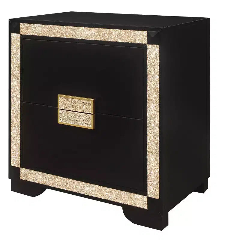 Comodino in legno nero e oro con 2 cassetti in finto cristallo, 66 cm H — Stile Glam Art Déco
