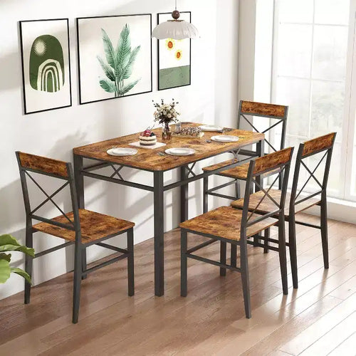 Set da Pranzo Compatto 5 Pezzi per 4 Persone, Sedie con Schienale Curvo, Legno e Acciaio, Marrone