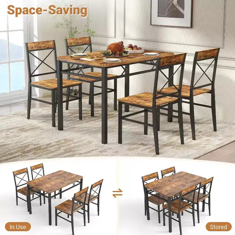 Set da Pranzo Compatto 5 Pezzi per 4 Persone, Sedie con Schienale Curvo, Legno e Acciaio, Marrone