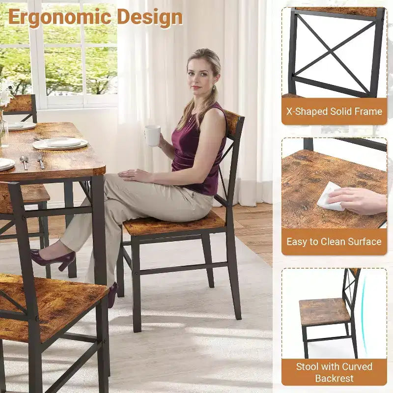 Set da Pranzo Compatto 5 Pezzi per 4 Persone, Sedie con Schienale Curvo, Legno e Acciaio, Marrone