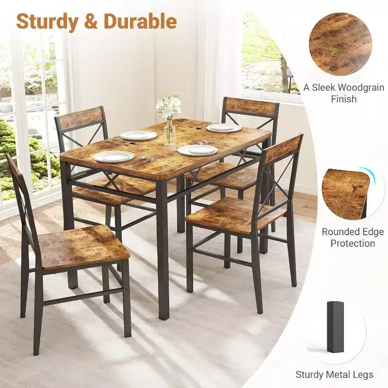 Set da Pranzo Compatto 5 Pezzi per 4 Persone, Sedie con Schienale Curvo, Legno e Acciaio, Marrone