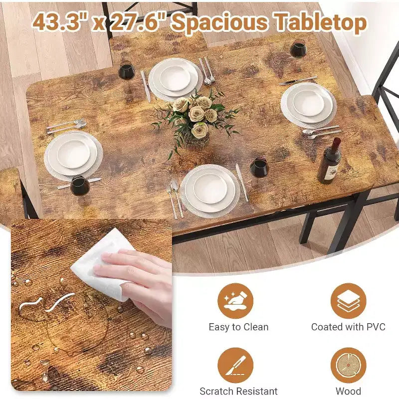 Set da Pranzo Compatto 5 Pezzi per 4 Persone, Sedie con Schienale Curvo, Legno e Acciaio, Marrone