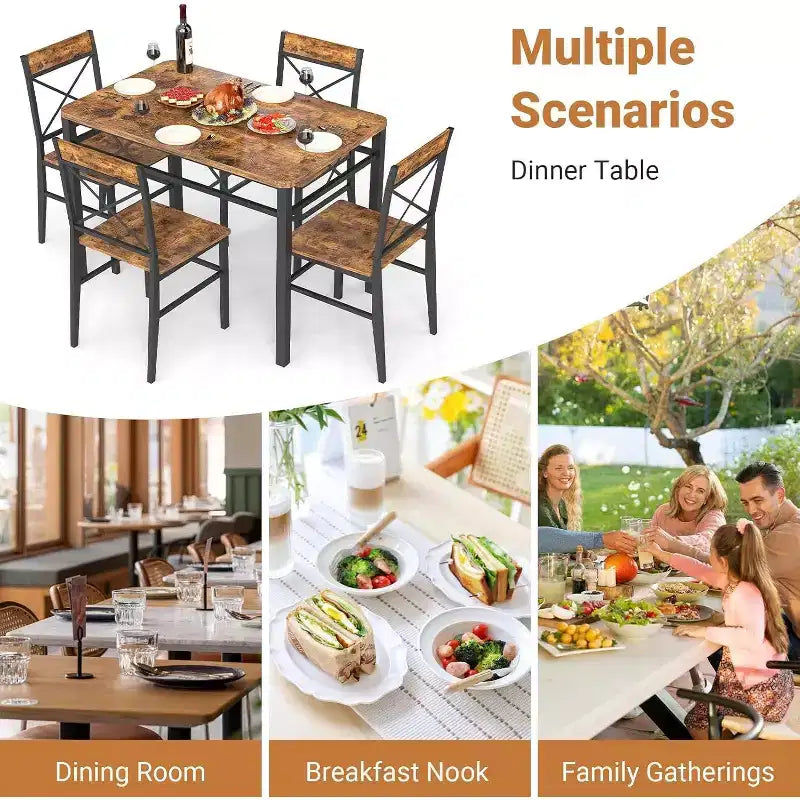 Set da Pranzo Compatto 5 Pezzi per 4 Persone, Sedie con Schienale Curvo, Legno e Acciaio, Marrone