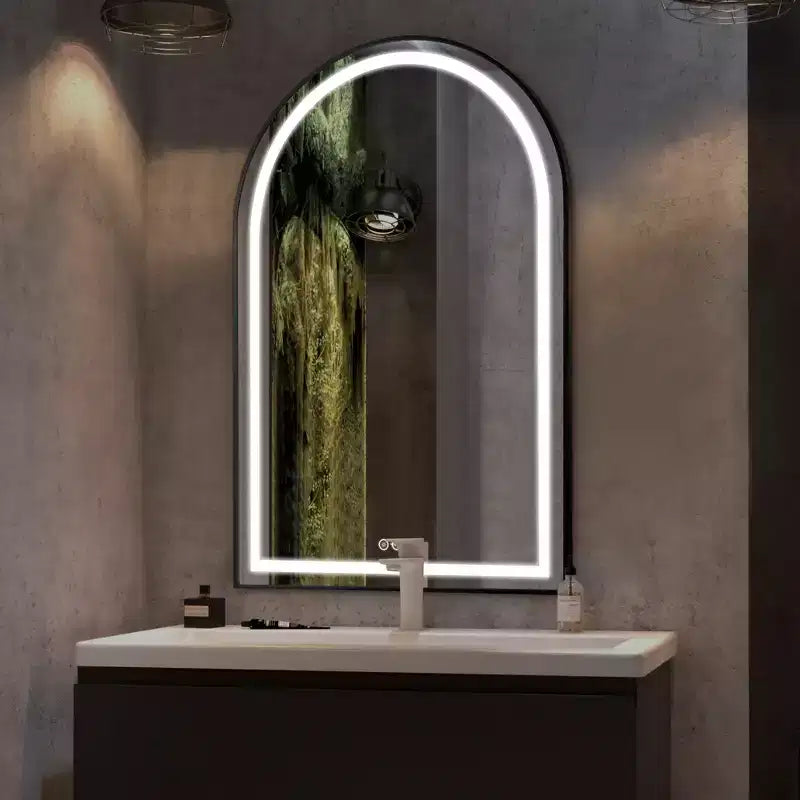 MAYEERTY Arched Aluminum Alloy Bathroom Mirror with Framed Defogging Function for Bathroom Black