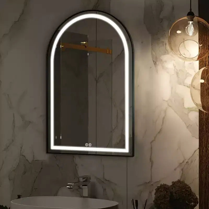 Specchio da bagno ad arco in lega di alluminio con funzione antiappannamento – Cornice Nera