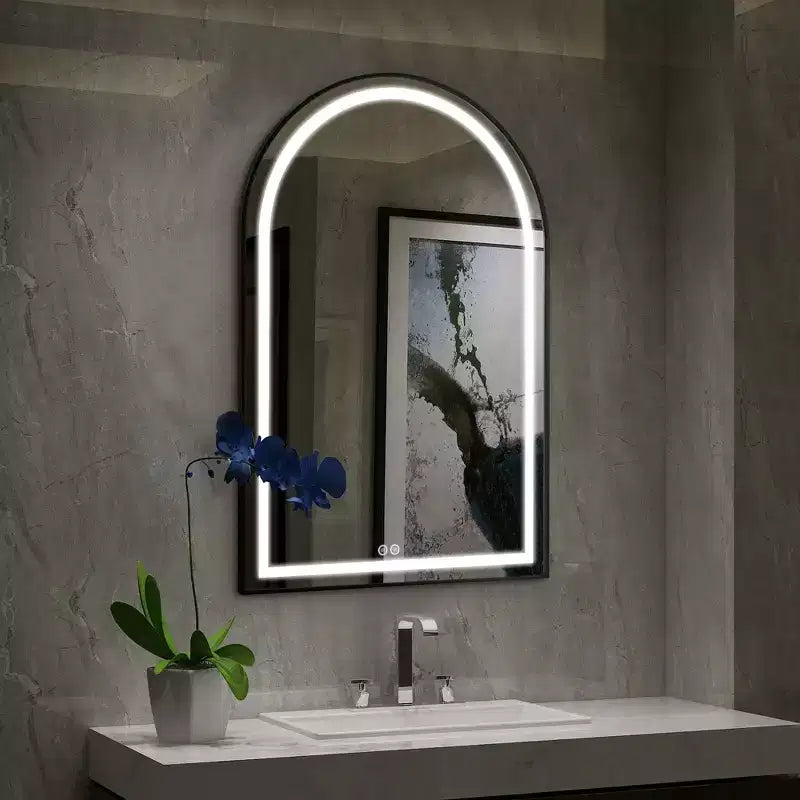 Specchio da bagno ad arco in lega di alluminio con funzione antiappannamento – Cornice Nera