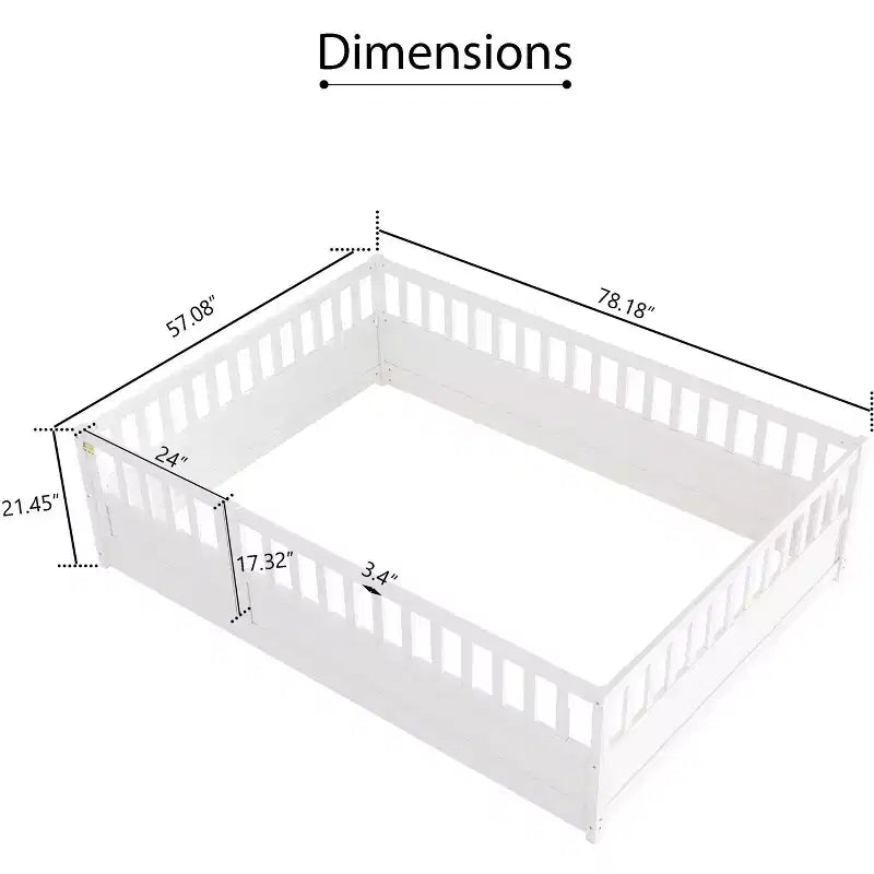 Letto Montessori a pavimento in legno a grandezza naturale con cancello di sicurezza per bambini, bianco