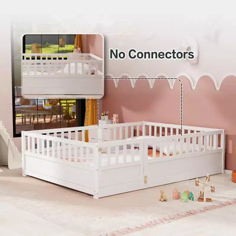 Letto Montessori a pavimento in legno a grandezza naturale con cancello di sicurezza per bambini, bianco