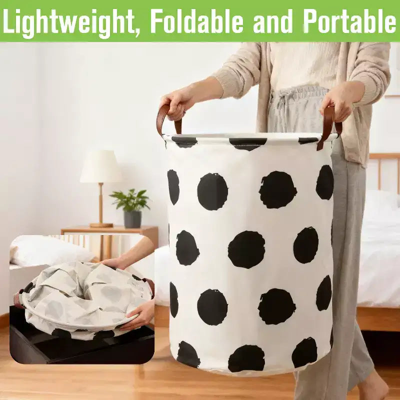 Cesto portabiancheria pieghevole 80L in cotone-lino, a pois, con doppie maniglie