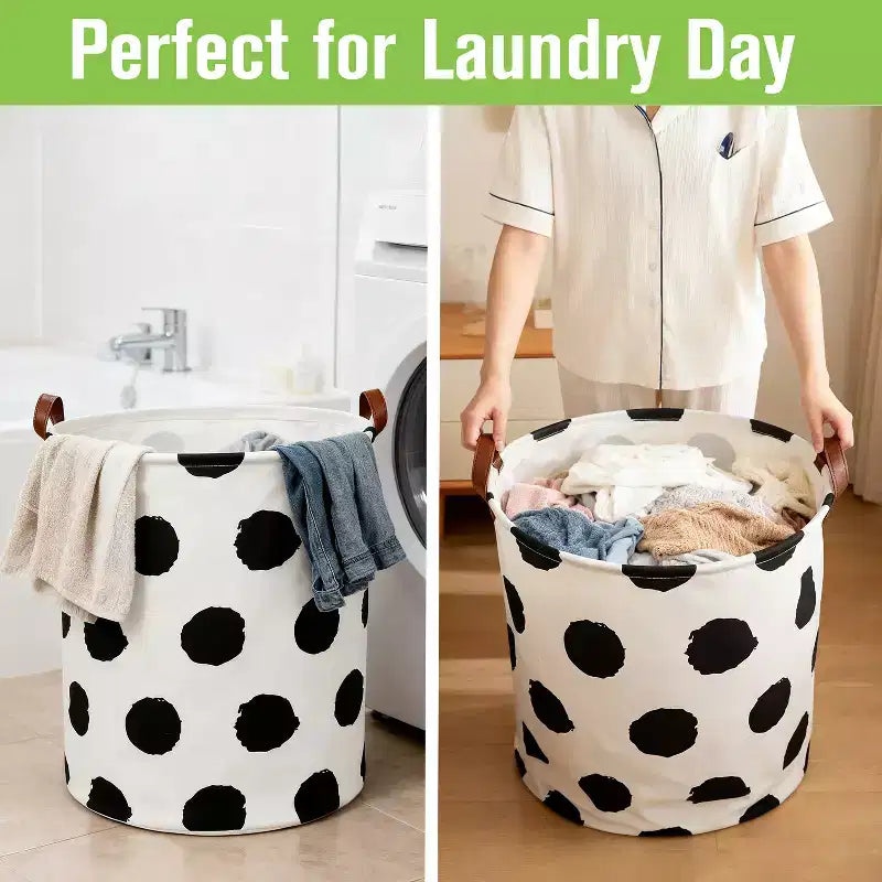 Cesto portabiancheria pieghevole 80L in cotone-lino, a pois, con doppie maniglie