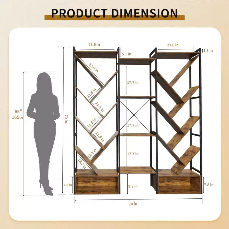 Libreria Industriale ad Albero a 6 Livelli e Tripla Colonna, Scaffale Moderno in Legno a 24 Scomparti e Espositore per Soggiorno e Ufficio