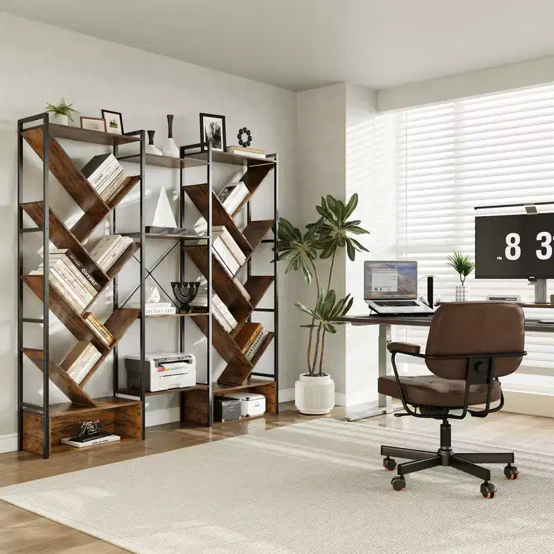 Libreria Industriale ad Albero a 6 Livelli e Tripla Colonna, Scaffale Moderno in Legno a 24 Scomparti e Espositore per Soggiorno e Ufficio