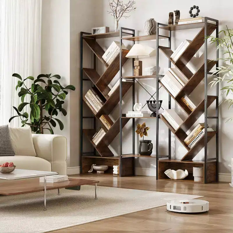 Libreria Industriale ad Albero a 6 Livelli e Tripla Colonna, Scaffale Moderno in Legno a 24 Scomparti e Espositore per Soggiorno e Ufficio