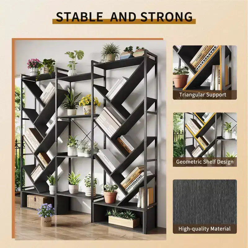 Libreria Industriale ad Albero a 6 Livelli e Tripla Colonna, Scaffale Moderno in Legno a 24 Scomparti e Espositore per Soggiorno e Ufficio