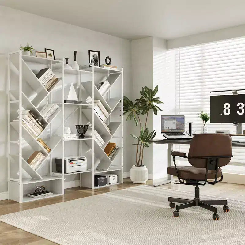 Libreria Industriale ad Albero a 6 Livelli e Tripla Colonna, Scaffale Moderno in Legno a 24 Scomparti e Espositore per Soggiorno e Ufficio