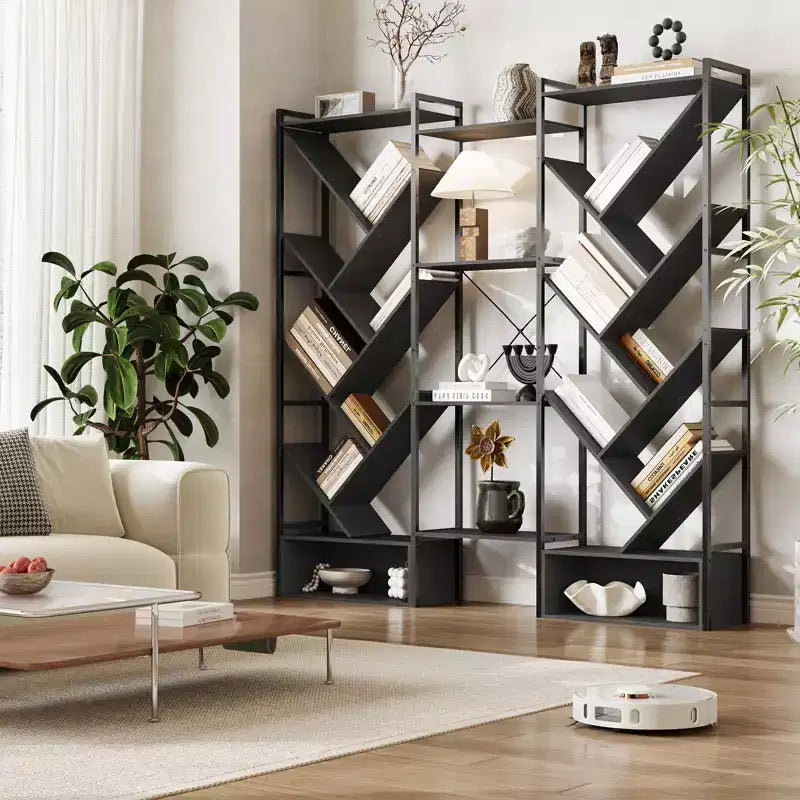 Libreria Industriale ad Albero a 6 Livelli e Tripla Colonna, Scaffale Moderno in Legno a 24 Scomparti e Espositore per Soggiorno e Ufficio