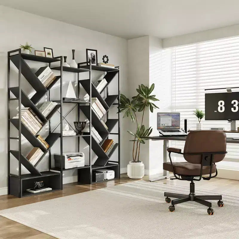 Libreria Industriale ad Albero a 6 Livelli e Tripla Colonna, Scaffale Moderno in Legno a 24 Scomparti e Espositore per Soggiorno e Ufficio