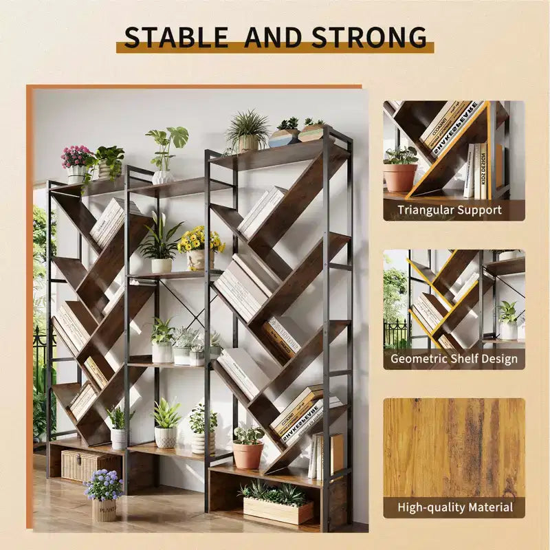 Libreria Industriale ad Albero a 6 Livelli e Tripla Colonna, Scaffale Moderno in Legno a 24 Scomparti e Espositore per Soggiorno e Ufficio