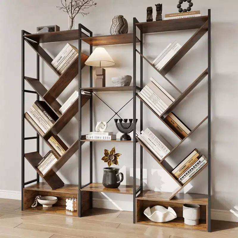 Libreria Industriale ad Albero a 6 Livelli e Tripla Colonna, Scaffale Moderno in Legno a 24 Scomparti e Espositore per Soggiorno e Ufficio