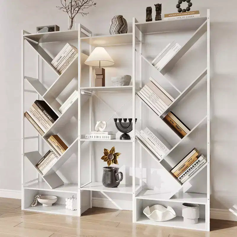 Libreria Industriale ad Albero a 6 Livelli e Tripla Colonna, Scaffale Moderno in Legno a 24 Scomparti e Espositore per Soggiorno e Ufficio