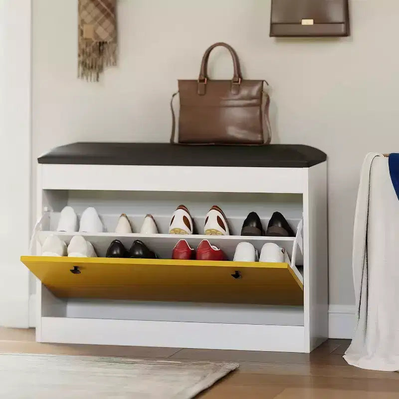 Panca scarpiera, scarpiera da ingresso da 80 cm con cassetto a ribalta, ripiano regolabile e seduta imbottita in PU per corridoio, camera da letto, soggiorno