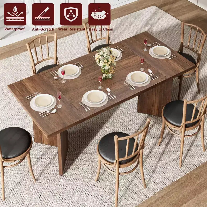 Tavolo da pranzo da 180 cm per 6 persone, tavolo da cucina rettangolare in stile rustico con struttura robusta e gambe a V, scrivania lunga in legno addensato e tavolo da cena