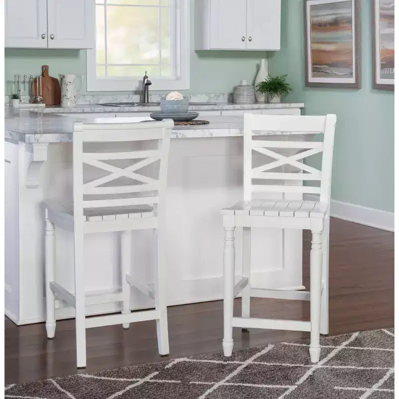 Sgabello da bar da 24,25" con schienale a X, bianco, design classico