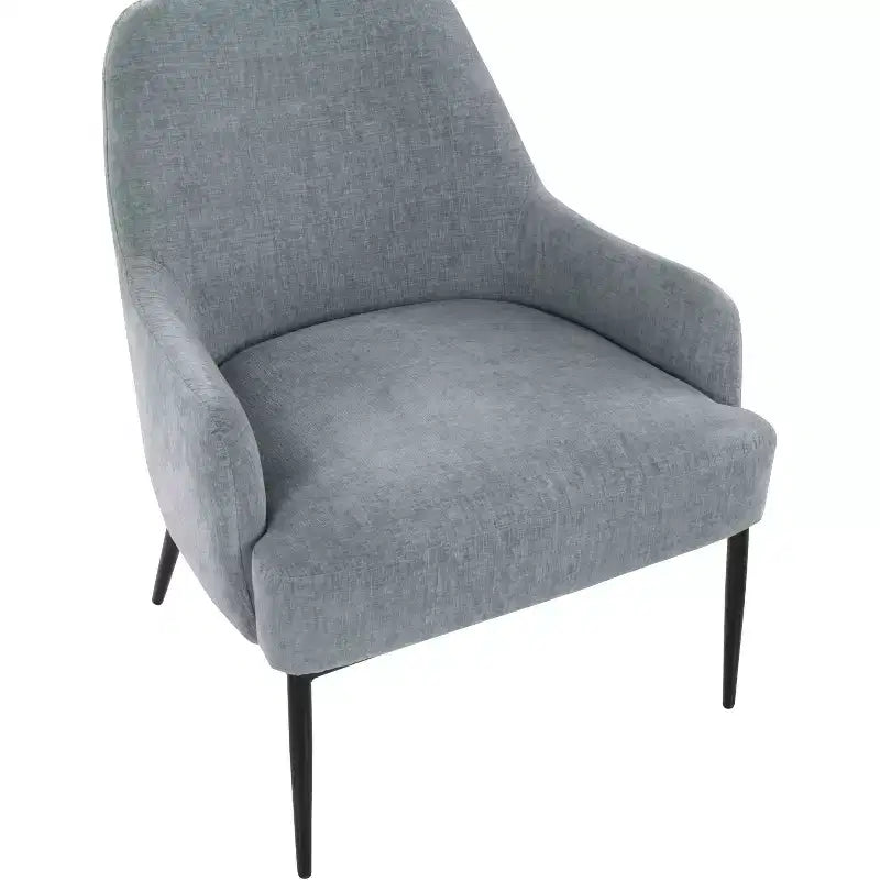 Poltrona d'accento in tessuto azzurro con gambe in metallo nero, capacità 113 kg